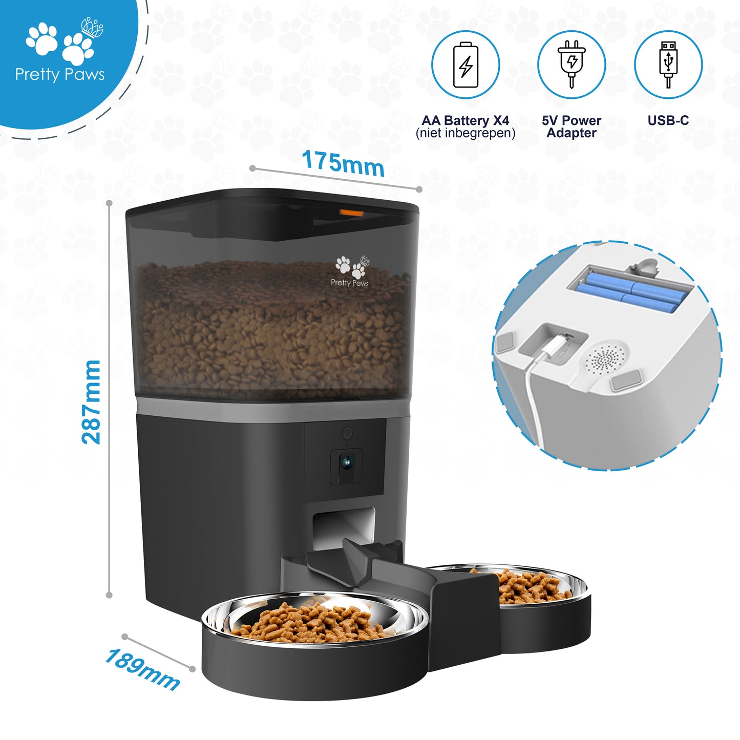 Pretty Paws QQ005 Wifi Camera Voermachine - Dubbele Voerbakjes - Zwart