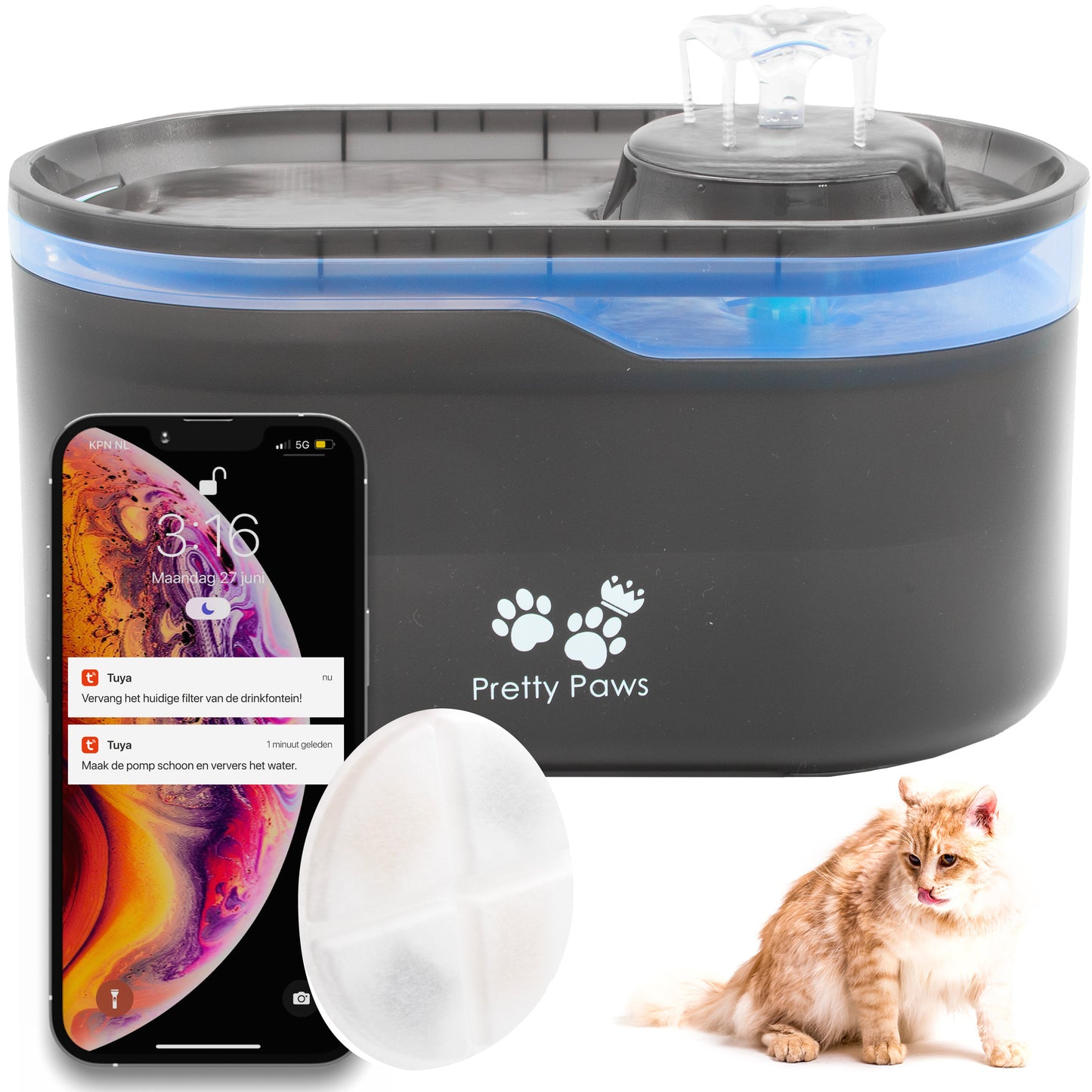 Pretty Paws Waterfontein PP098 - Drinkfontein Kat - Kattenfontein met App/WiFi - Geruisloos - Waterdispenser Kat