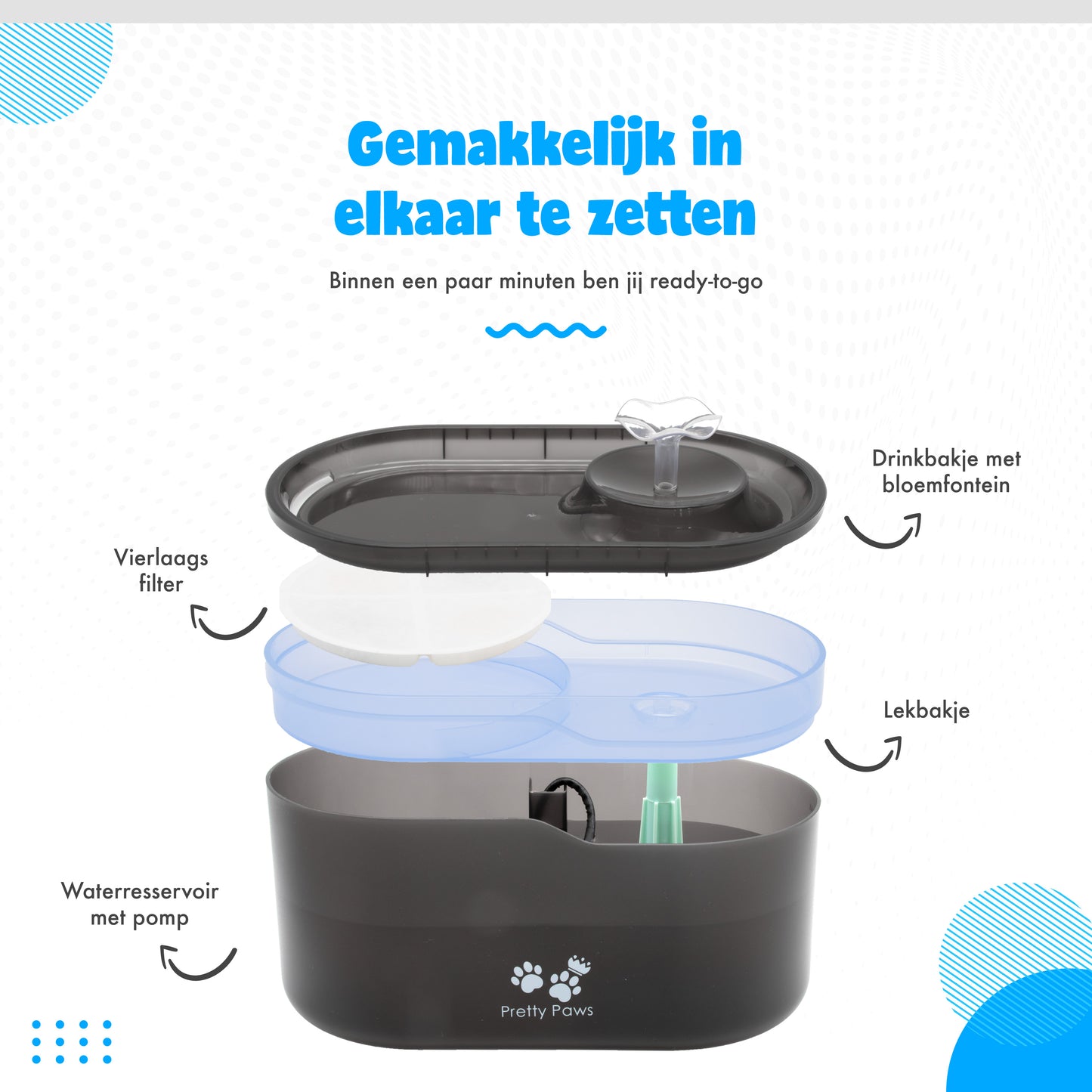 Pretty Paws Waterfontein PP098 - Drinkfontein Kat - Kattenfontein met App/WiFi - Geruisloos - Waterdispenser Kat