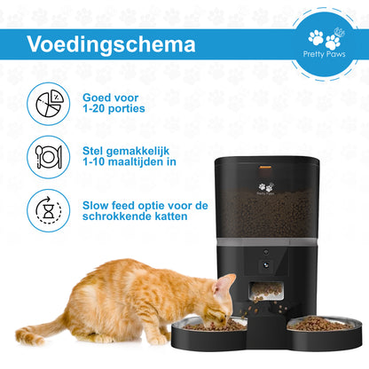 Pretty Paws QQ005 Wifi Camera Voermachine - 6L - Dubbele Voerbakjes - Zwart