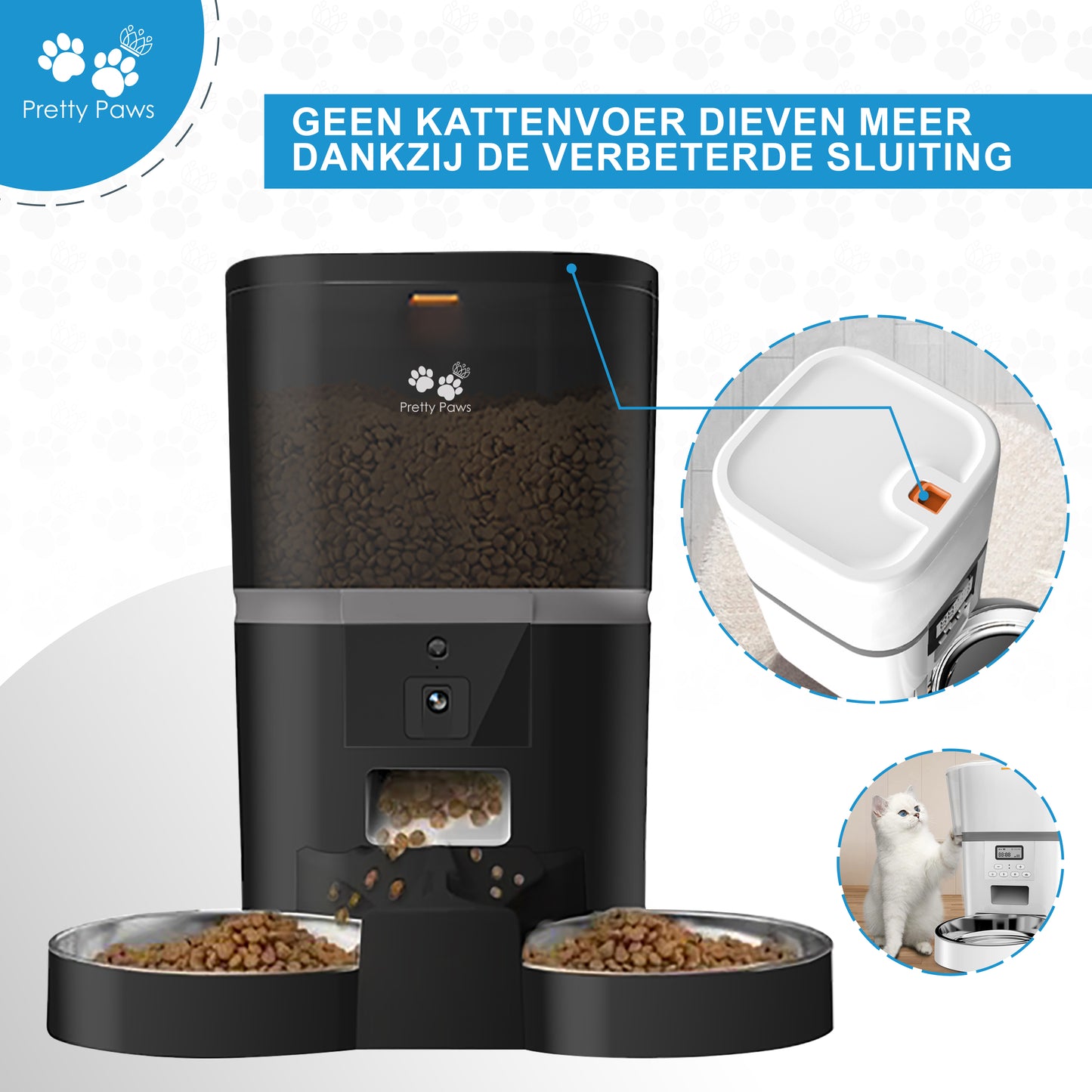 Pretty Paws QQ005 Wifi Camera Voermachine - 6L - Dubbele Voerbakjes - Zwart