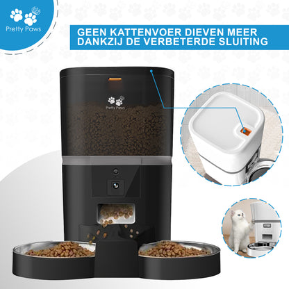 Pretty Paws QQ005 Wifi Camera Voermachine - 6L - Dubbele Voerbakjes - Zwart