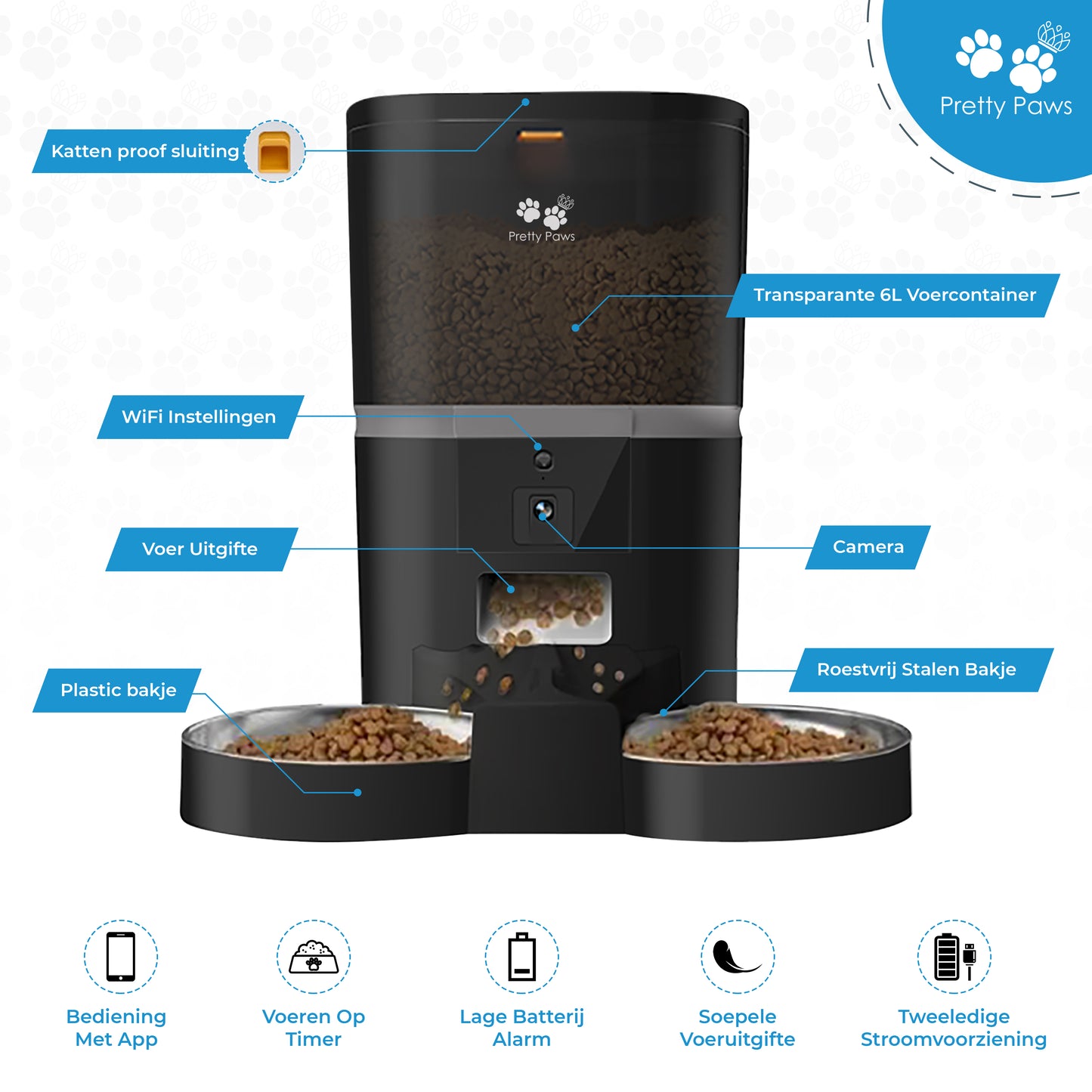 Pretty Paws QQ005 Wifi Camera Voermachine - 6L - Dubbele Voerbakjes - Zwart